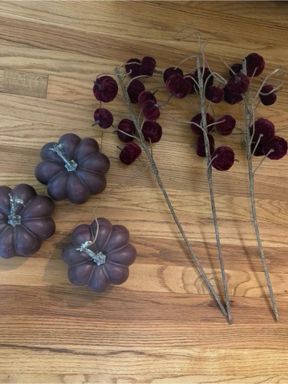 Hobby Lobby Deep Plum Velvet Pumpkin Stems with Matching Mini Pumpkins
